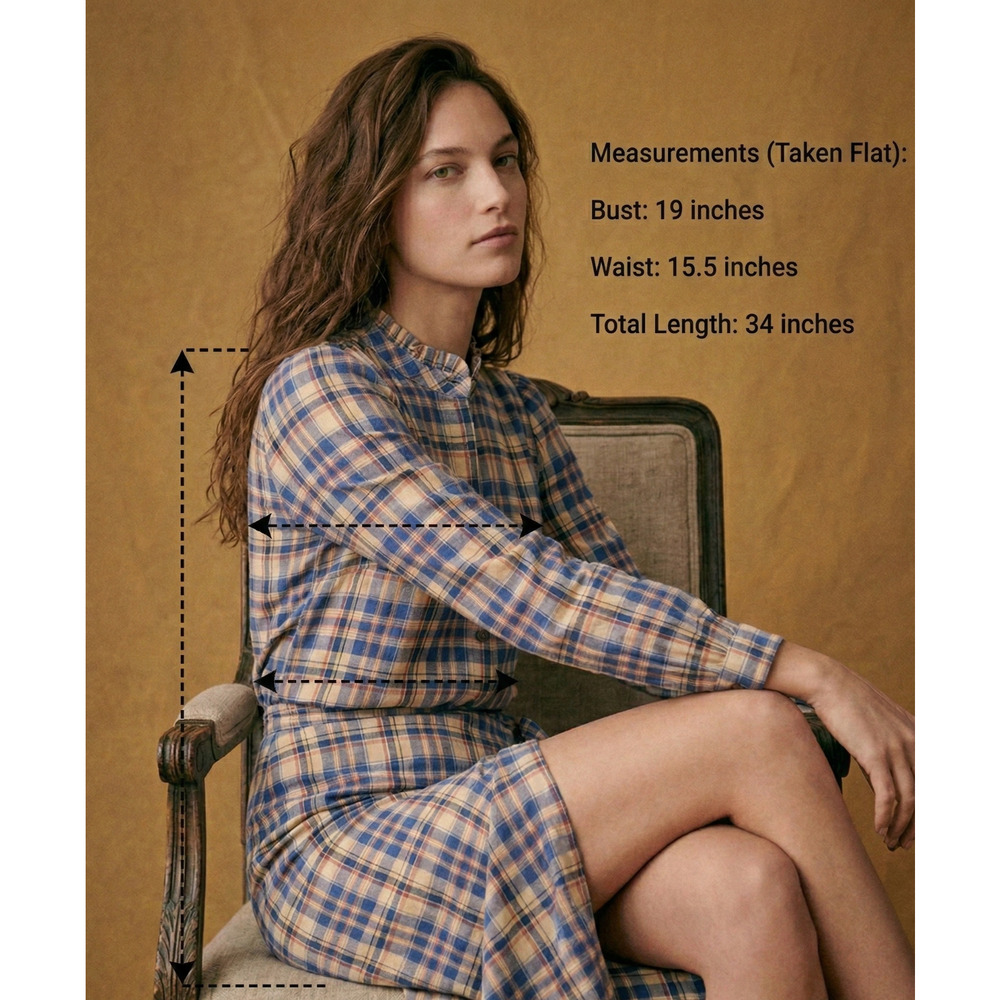 Sezane Plaid Telma Mini Dress Blue Ochre Tartan Ruffle Collar Wrap EU 38 US 6 - Picture 2 of 10